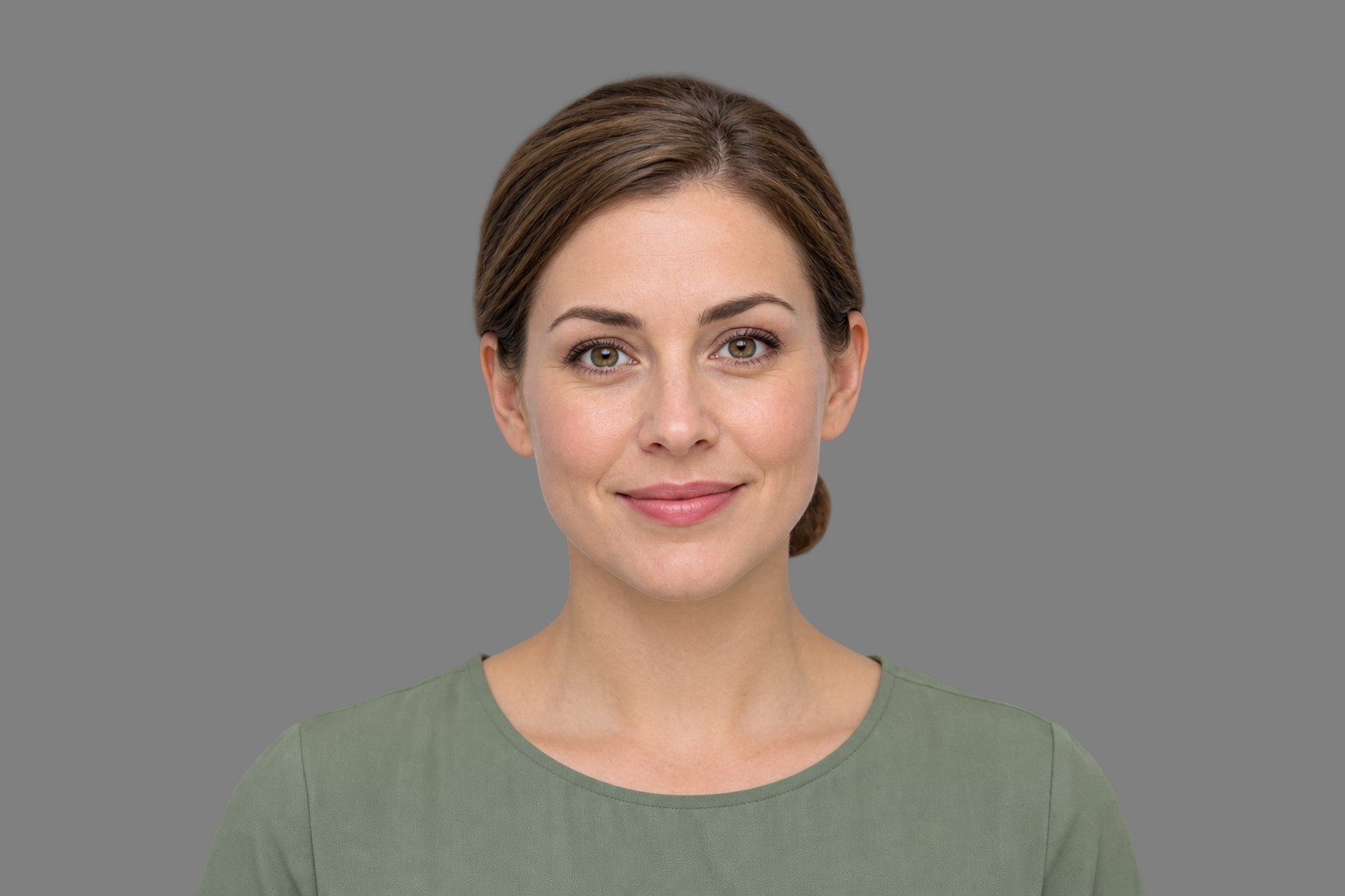 Olivia, a young American woman with brown hair tied back, in a sage green blouse